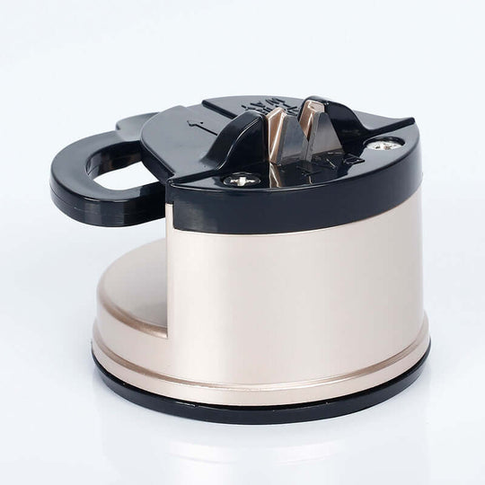 A compact, handheld knife sharpener with a beige and black design.
