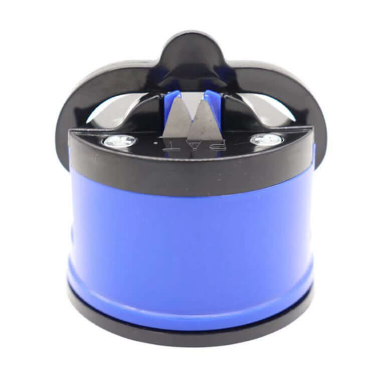 A blue and black knife sharpener with a suction base and two sharpening slots.
